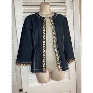 Multiples Denim Jacket Blazer S Gold Chain Zebra Trim Calf Hair Statement